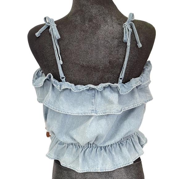 American Eagle RUFFLE BUBBLE CROP Denim Blouse Size L - Picture 3 of 7